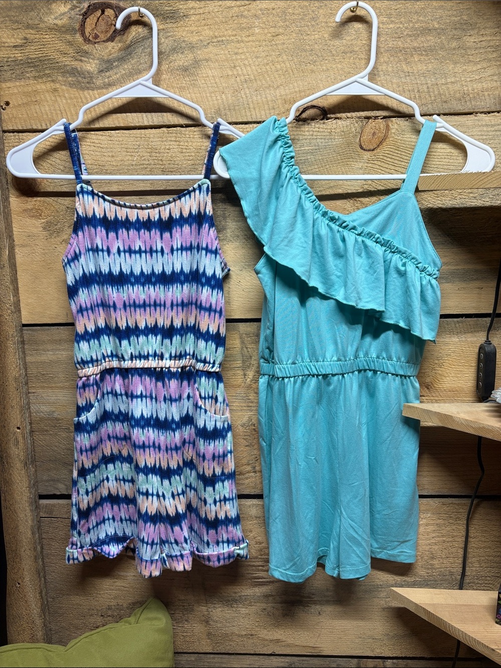 Bundle of Girls' Sleeveless Rompers - Blue Tie-Dye Print & Aqua Ruffle
